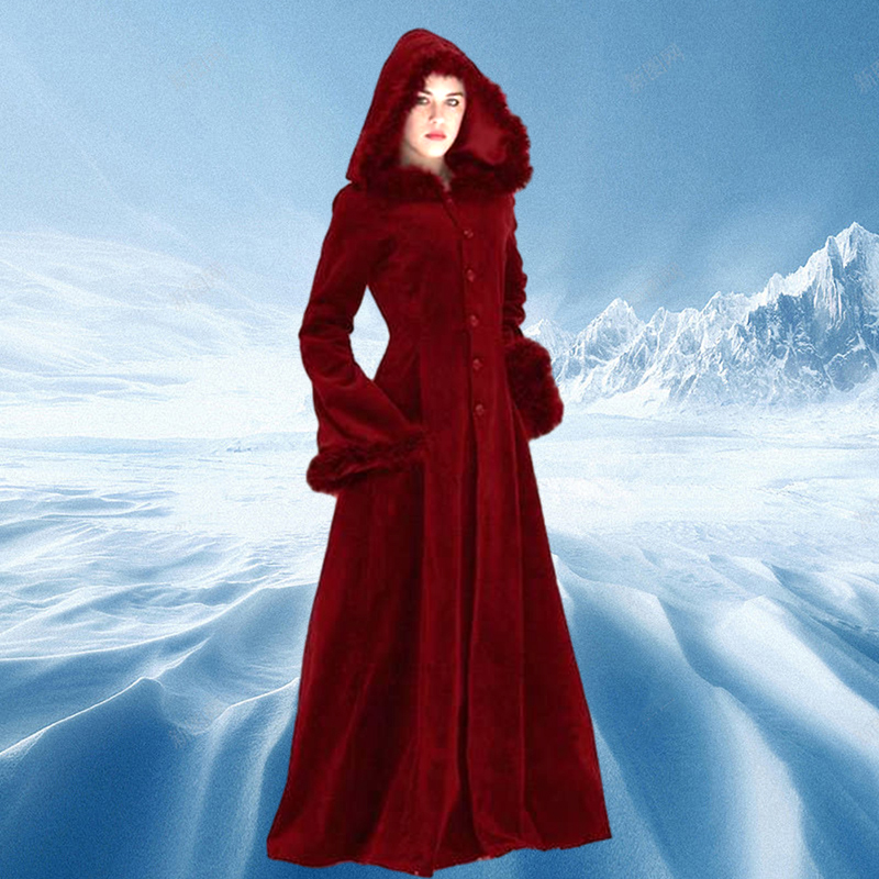 Women039s Wool Blends Women Autumn Winter Vintage Coat Steampunk Floor Length Hooded Medieval Warm Fur Trim Maxi Gothic Witch