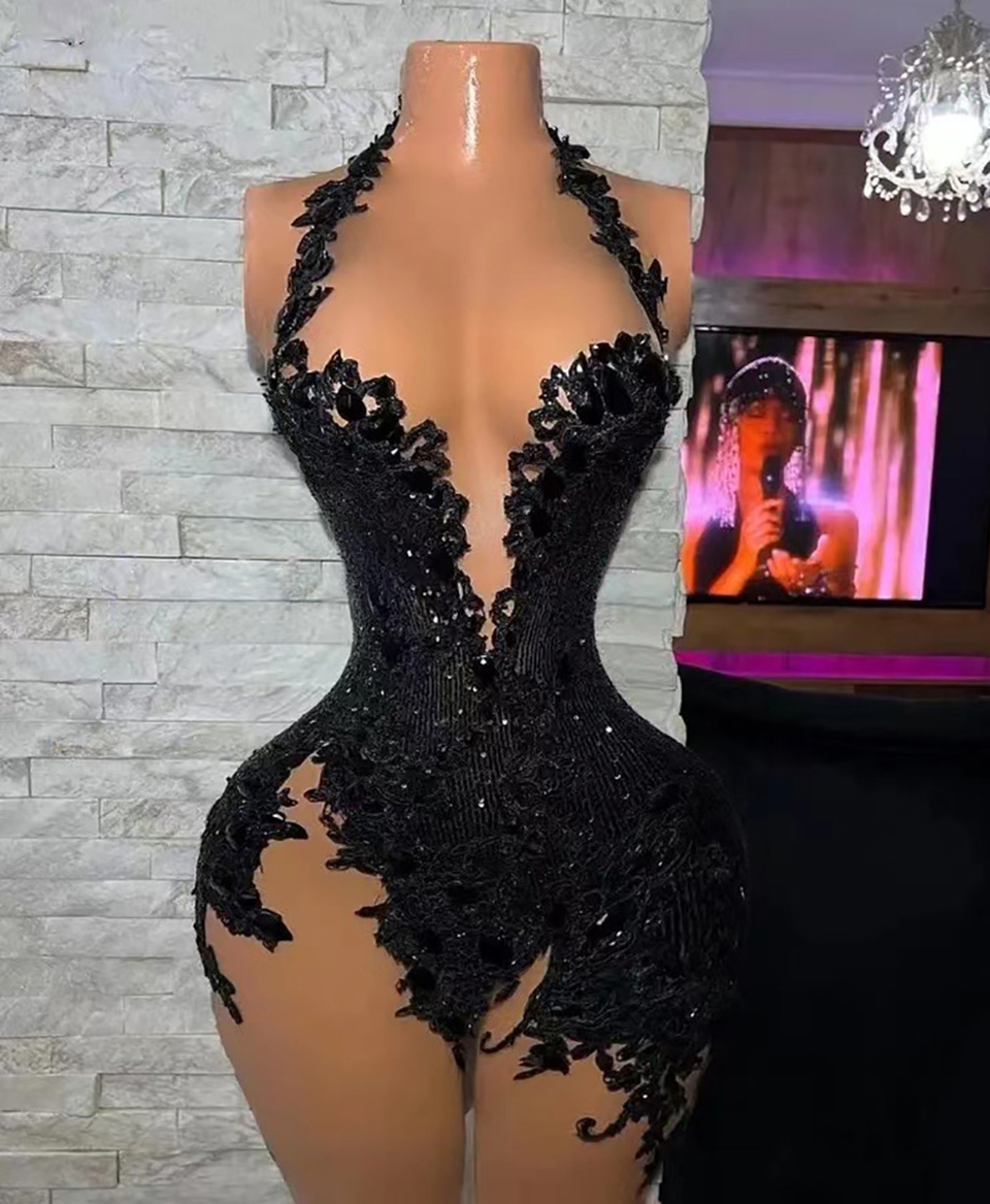 Cocktail Dress Black Plus Size Homecoming Prom Party Gown Zipper New Custom Above Knee Mini Sleeveless Straight Sexy Illusion Applique Sequins Tulle H