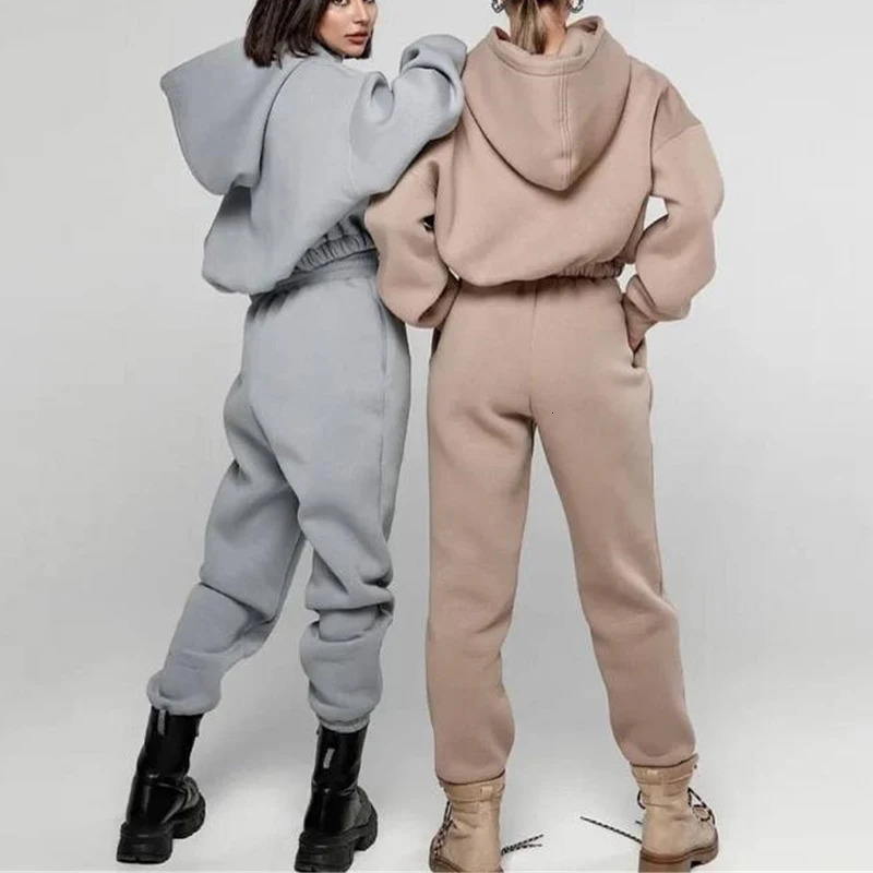 Womens Two Piece Pants Fleece Hooded Tracksuit Sets Autumn Long Sleeve Hoodies Joggers Suit Female Lady Casual Sport Set 231031