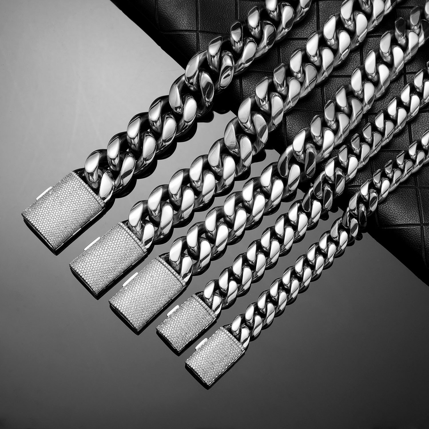 12-22mm Hip Hop Stainless Steel Miami Cuban Link Chain Necklace Jewelry Set Silver Full 5A Zircon Clasp 18K Gold Plated Accessories