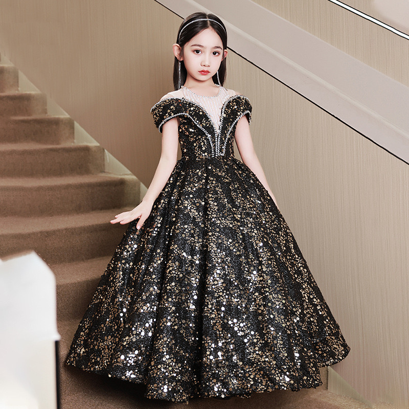 Black Gold Shiny Flower Girl Dresses Teenager Wedding Communion Pearls Necklace Beaded Tassels Children Clothes Frist Holy Conmunion Dress Birthday Ou