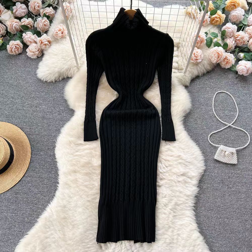 Women's Sweater Dress Elegant Autumn Winter Sexy Slim Bodycon Dresses Turtleneck Solid Color Thick Warm Knit Pullover Vestido 220310