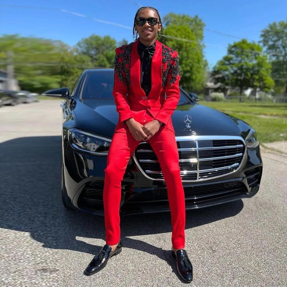 Red Beaded Wedding Tuxedos Slim Fit Mens Suits 2 Pieces Sets Shawl Lapel Blazers One Button Formal Suit With Jacket And Pants