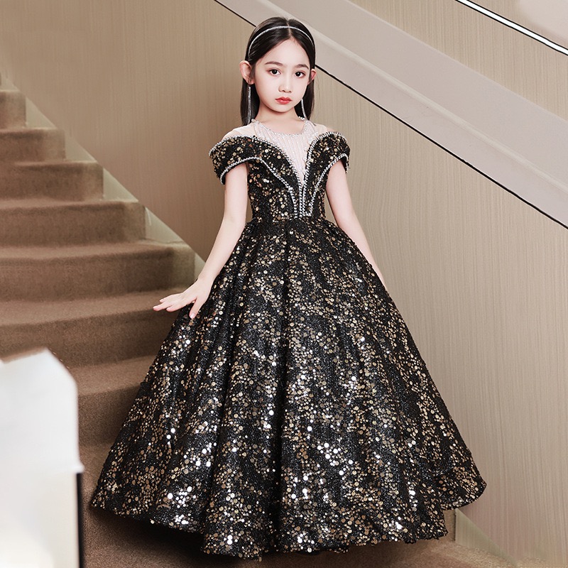 Black Gold Shiny Flower Girl Dresses Teenager Wedding Communion Pearls Necklace Beaded Tassels Children Clothes Frist Holy Conmunion Dress Birthday Ou