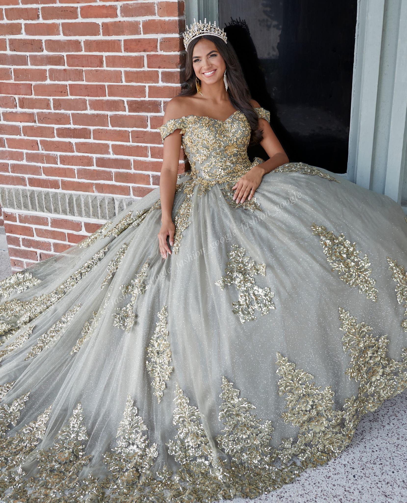 Glitter Tulle Quinceanera Dress 2024 Sage Sequin Applique Charro Mexican Quince Sweet 15/16 Birthday Party Gown for 15th Girl Drama Winter Formal Prom