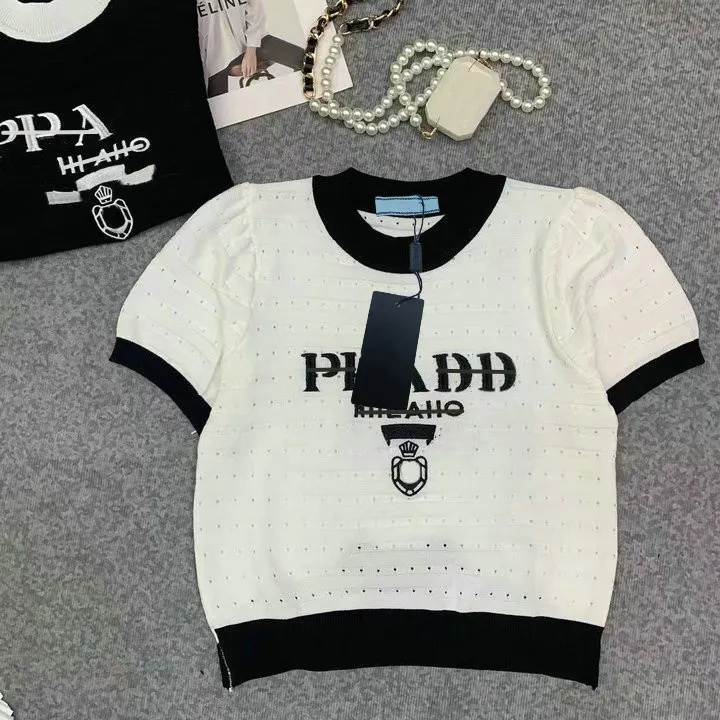 Designer Shirt Top White Knitted Cotton Fashion Clothing Women's Short Sleeve T-shirt