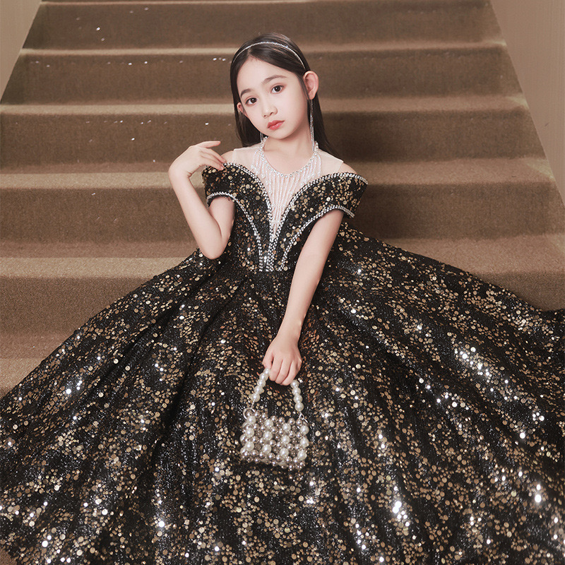 Black Gold Shiny Flower Girl Dresses Teenager Wedding Communion Pearls Necklace Beaded Tassels Children Clothes Frist Holy Conmunion Dress Birthday Ou