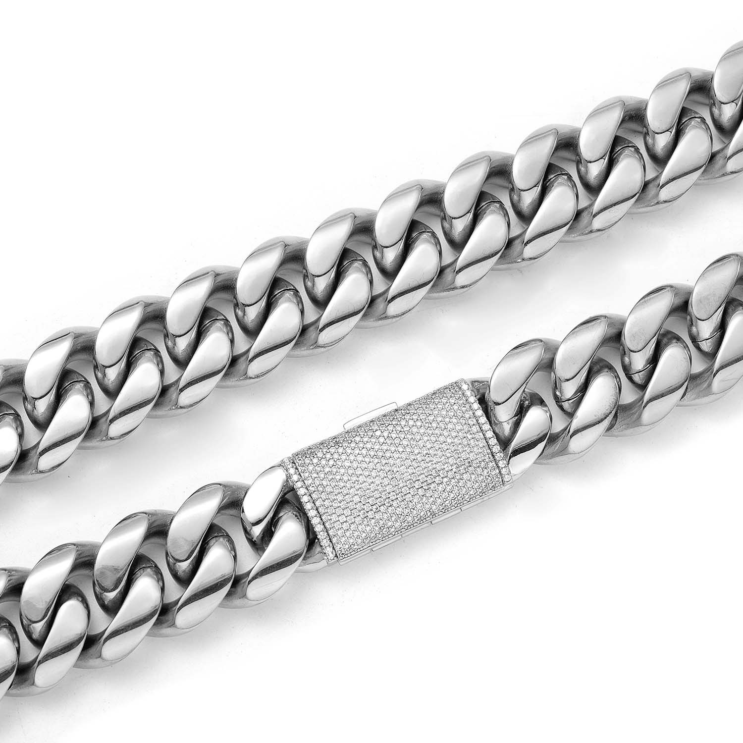 12-22mm Hip Hop Stainless Steel Miami Cuban Link Chain Necklace Jewelry Set Silver Full 5A Zircon Clasp 18K Gold Plated Accessories