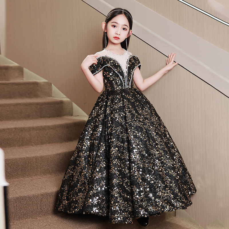 Black Gold Shiny Flower Girl Dresses Teenager Wedding Communion Pearls Necklace Beaded Tassels Children Clothes Frist Holy Conmunion Dress Birthday Ou