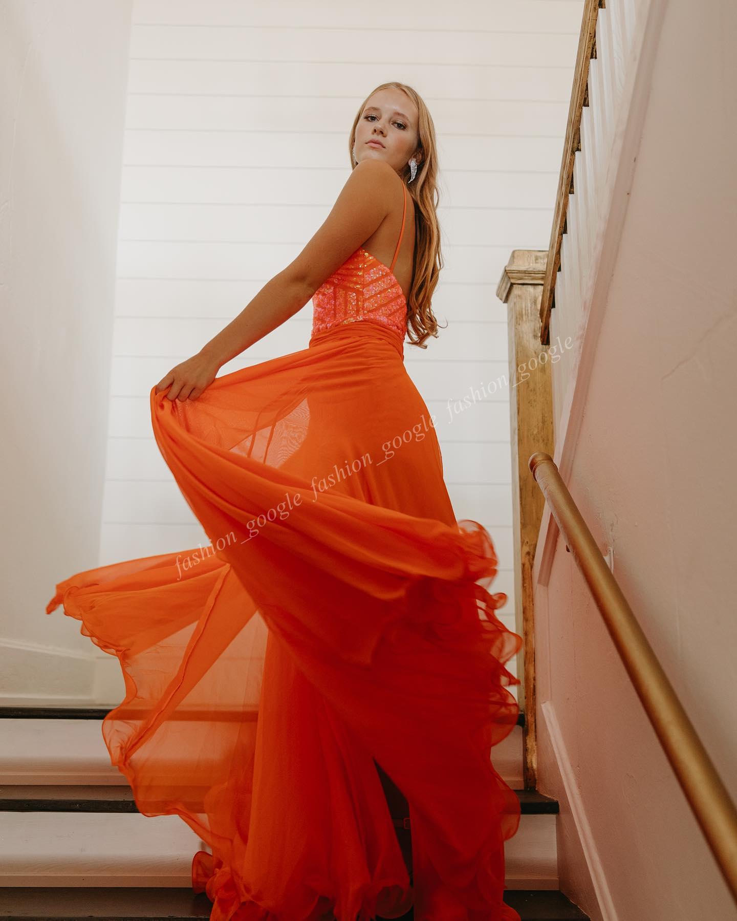 Neon-Orange Sequins Prom Dress Romper 2k24 Long Chiffon Overskirt Fitted Preteen Lady Pageant Winter Formal Evening tail Party Hoco Gala Gown Jumpsuit
