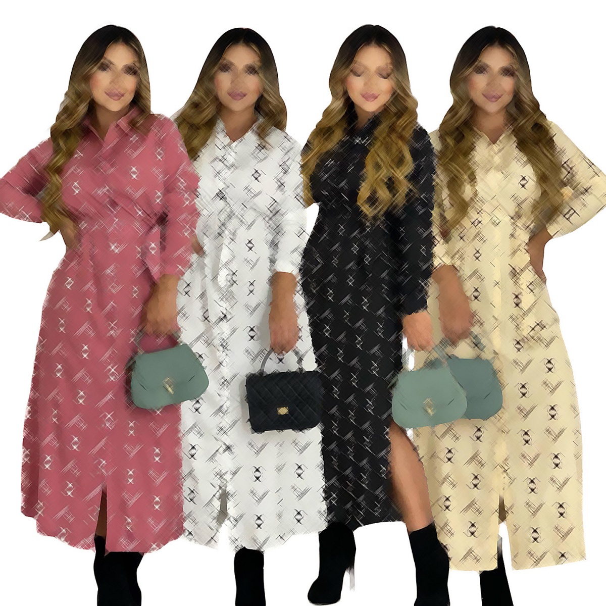 2023 Shirt Dresses Women Casual Lapel Neck Long Sleeve Dresses with Sashes Free Ship