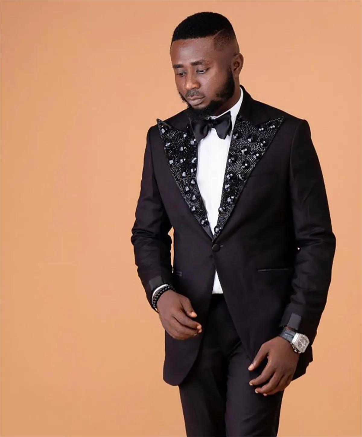 Black Beaded Wedding Tuxedos Rhinestones Mens Suits 2 Pieces Sets Peaked Lapel Blazers One Button Formal Suit With Jacket And Pants