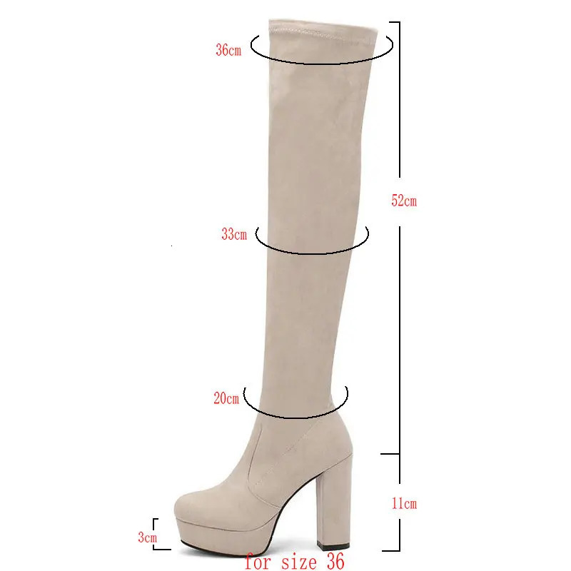 Dress Shoes Women Over New the Knee Platform Square High Heel Ladies Stretch Faux Suede Round Toe Zipper Women's Boots Big Size 231031