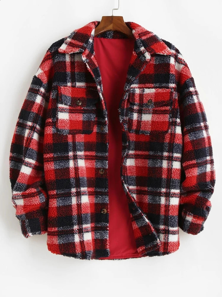 Men's Jackets Plaid Jacket for Men Fluffy Fleece Shirt Jacket with Pocket Button-up Faux Fur Sherpa Streetwear Topcoats Z4738534 231030