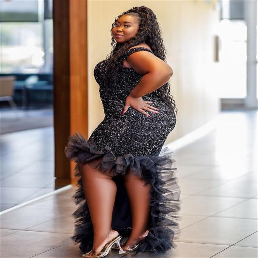 Sparkly Shine Large Size Prom Dress For Black Girls Off Shoulders Sequin Black Evening Gowns Obese Women 30th Birthday Dance Vestidos De Noche Formal 