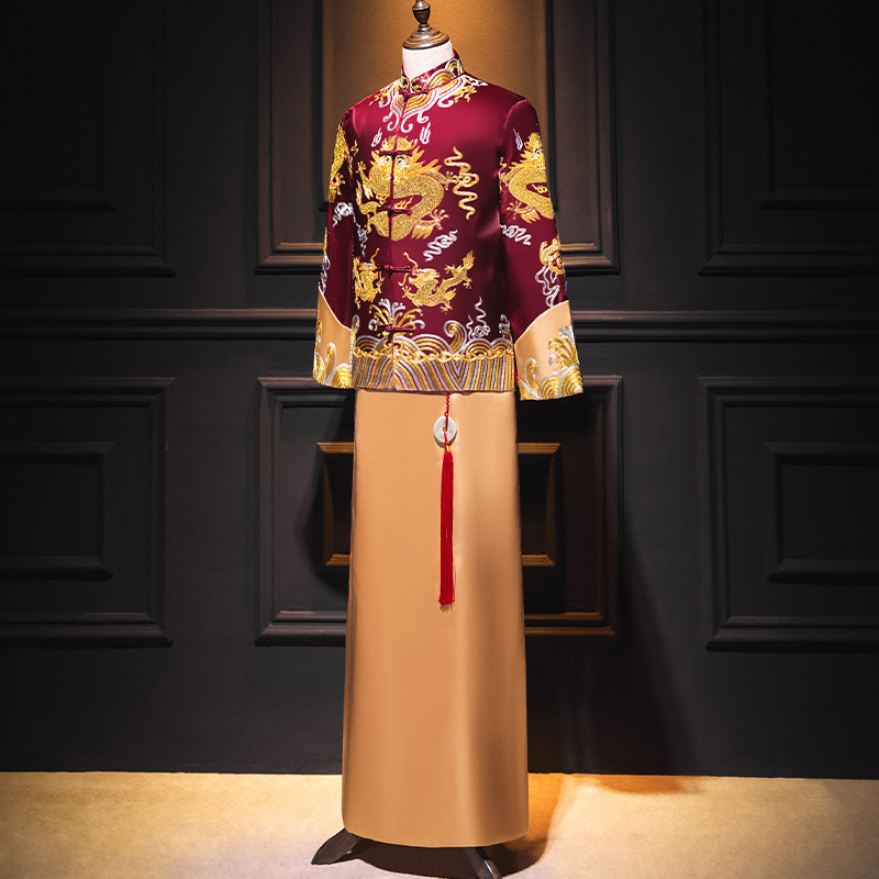 Vintage ethnic clothing men's Tang suit set traditional Chinese Wedding costume Embroidered Dragon gown male Cheongsam
