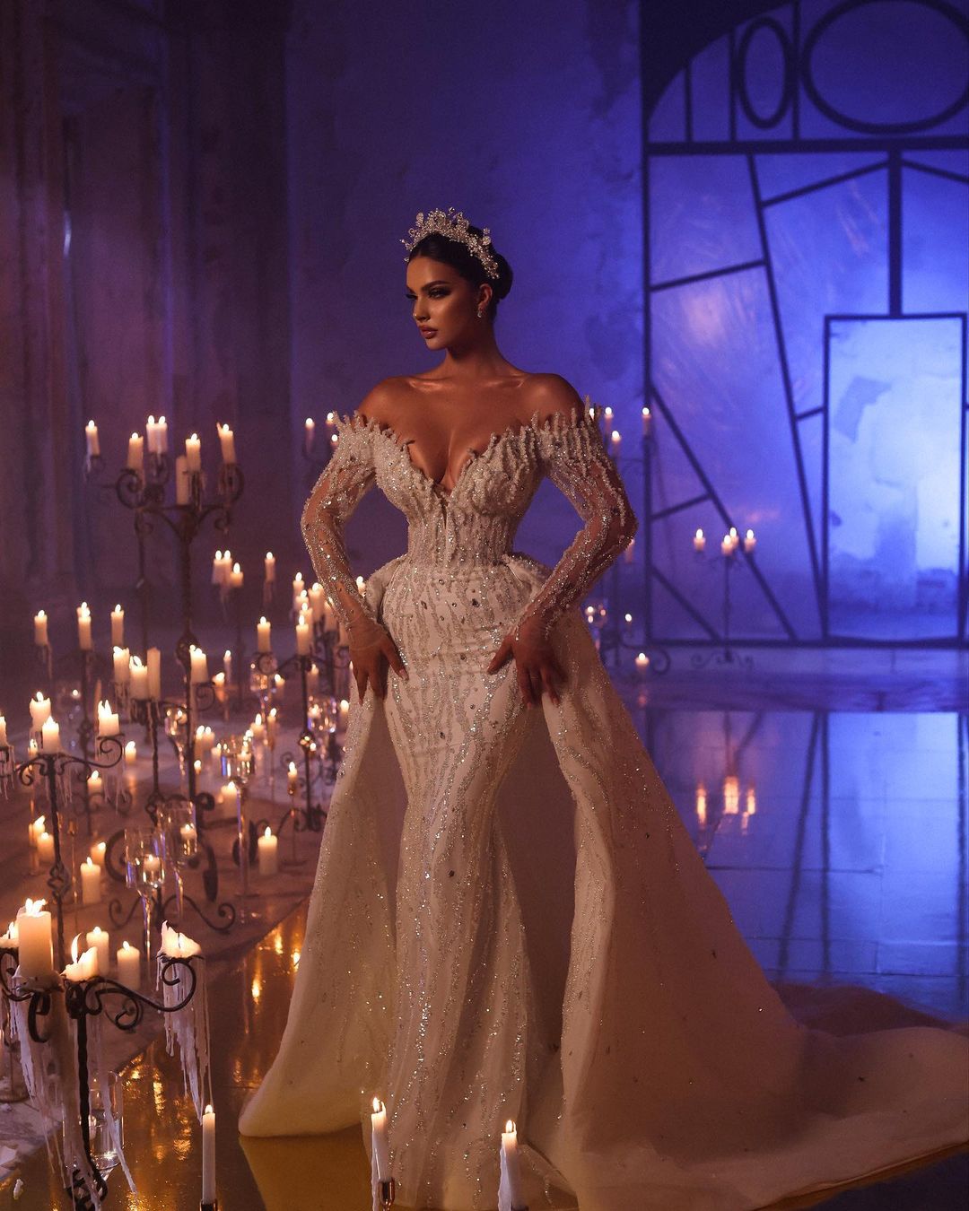 Saudi Arabia Sparkly Mermaid Wedding Dress Sequins Off Shoulder Long Sleeve Bride Dresses With Detachable Train Robe De Mariee