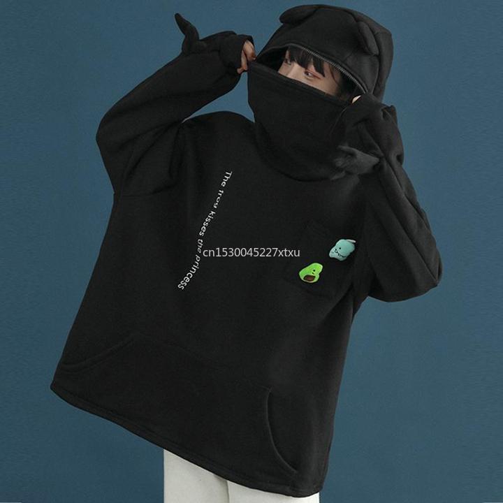 Womens Hoodies Sweatshirts Unisex Frog Zipper Hoodie Fleece Lined Springtime Embroidery oversized Sweatshirt Harajuku Warm Pullover Korean Style 22090