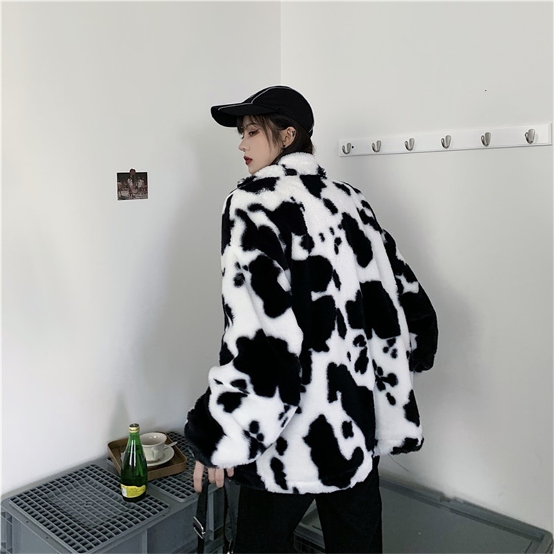 Womens Jackets Korean Winter Fashion Coat Harajuku Cows Printing Loose Full Sleeve Leather Jacket Vintage Flannel Keep Warm Cotton Clothes 220901