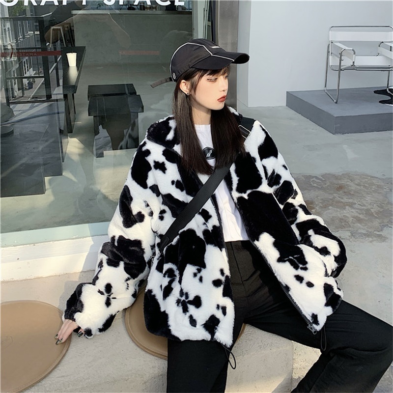 Womens Jackets Korean Winter Fashion Coat Harajuku Cows Printing Loose Full Sleeve Leather Jacket Vintage Flannel Keep Warm Cotton Clothes 220901