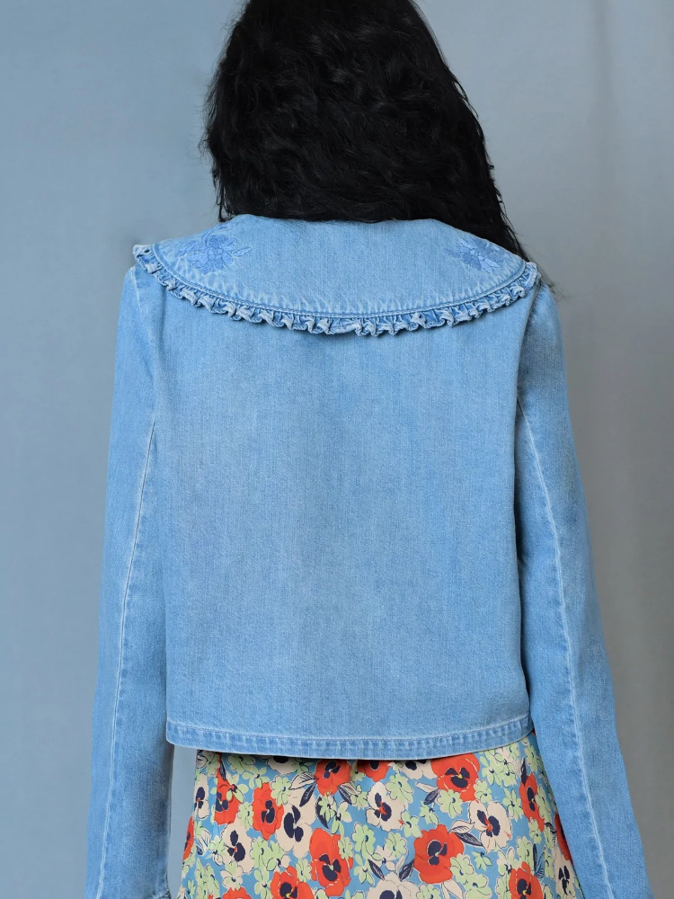 Womens Jackets Autumn and Winter Blue Embroidery Doll Collar Women Casual Longsleeved Jacket Short Denim Jacket 220901