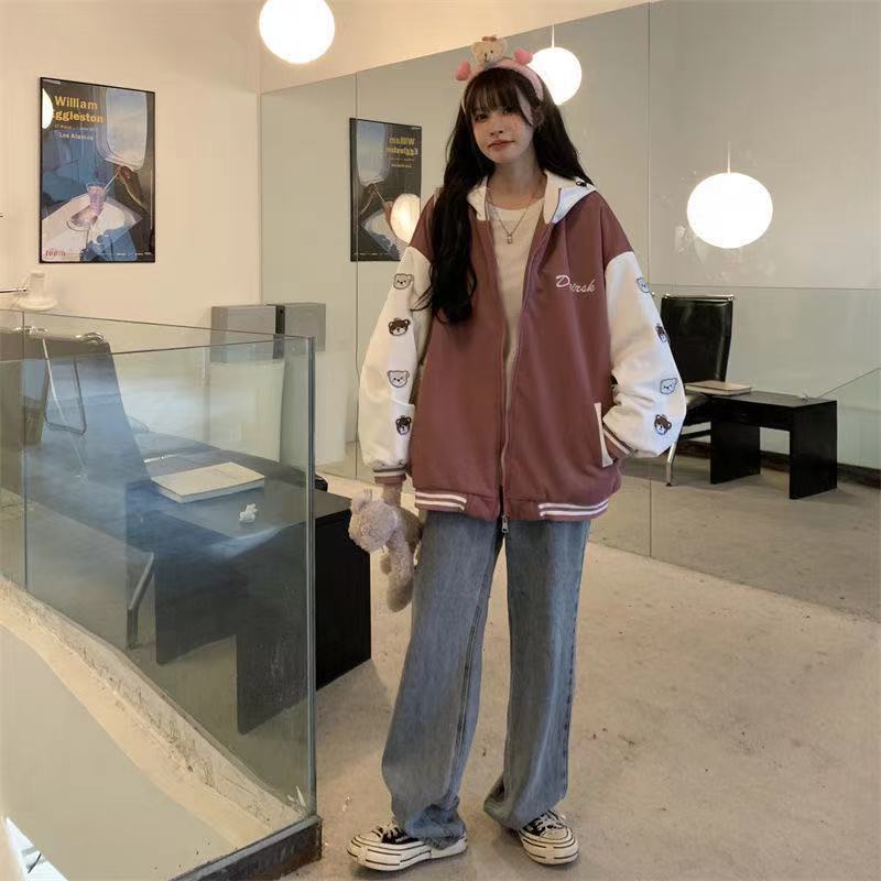 Womens Jackets Blue Print Casual Loose Jacket Baseball Jacket Hooded Womens Coat Womens Autumn Winter Coat Sports Style 220901