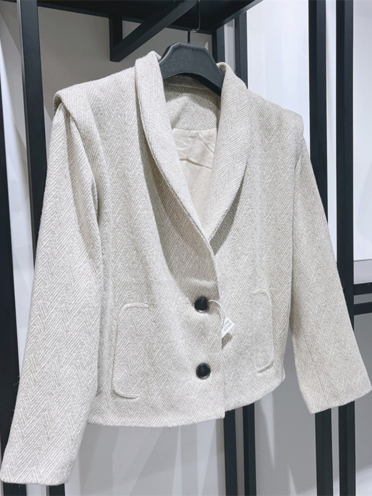 Womens Jackets Autumn Winter Lapel Double Button Pocket Herringbone Pattern Short Women Casual Longsleeved Jacket 220901