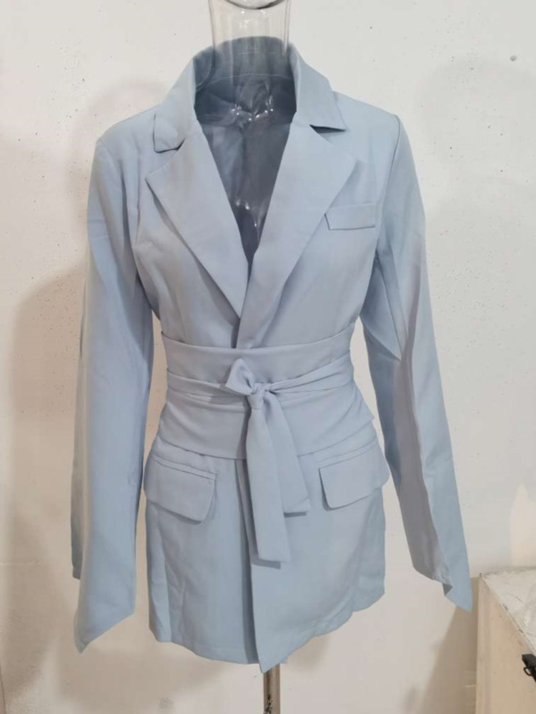 Womens Jackets LGRQ Slim Fit Khaki Elegant Belted Lace Blazer Notched Neck Long Sleeve Blue Coat Fashion Autumn 19D1909 220901