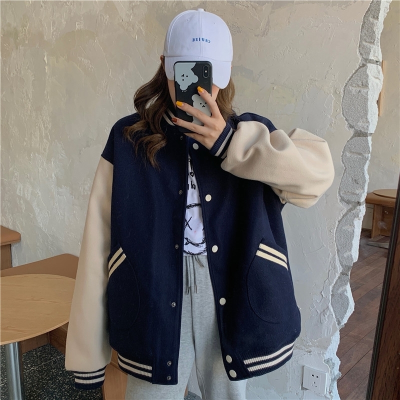 Womens Jackets Autumn Women Baseball Jacket Harajuku Casual Loose Pocket Printed Korean Oversize Bomber Sweatshirt Uniform Streetwear Tops 220901