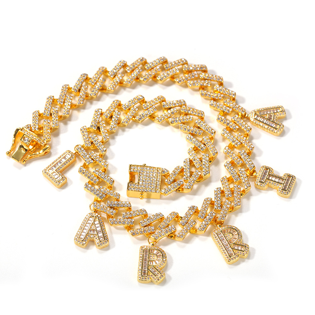 TopBling A-Z Custom Name Letters Pendant Necklaces Bracelets 12mm Cuban Link Chain Bracelet Real Gold Plated