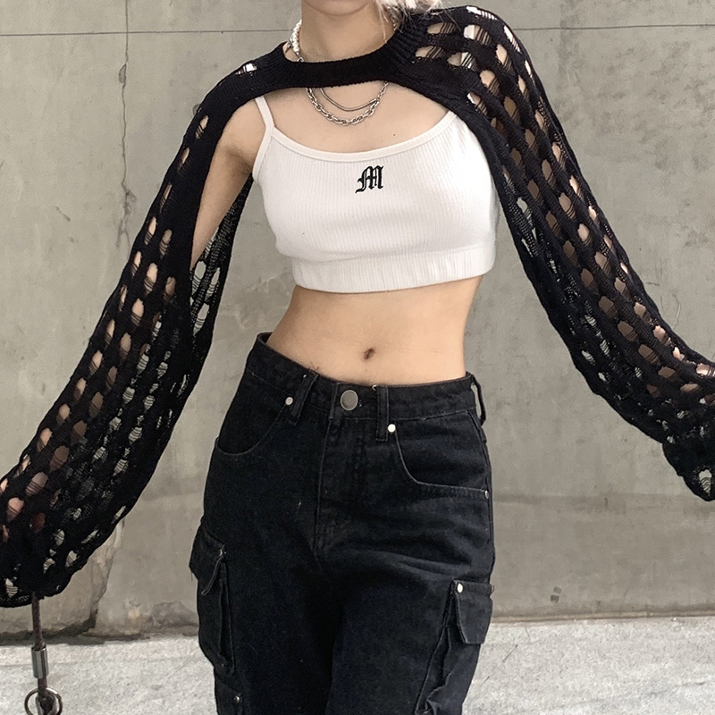 Women's T-Shirt Tops & Tees Solid color mesh holes hollow long sleeve loose short blouse, White
Women's T-Shirt Tops & Tees Solid color mesh holes hollow long sleeve loose short blouse, White