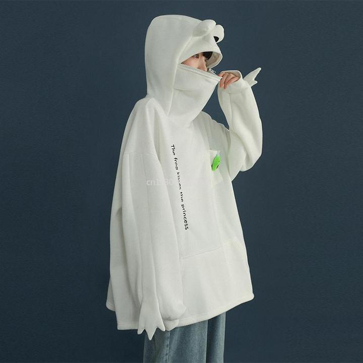 Womens Hoodies Sweatshirts Unisex Frog Zipper Hoodie Fleece Lined Springtime Embroidery oversized Sweatshirt Harajuku Warm Pullover Korean Style 22090