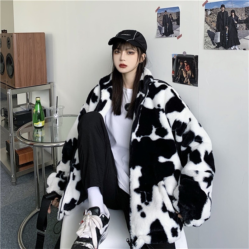 Womens Jackets Korean Winter Fashion Coat Harajuku Cows Printing Loose Full Sleeve Leather Jacket Vintage Flannel Keep Warm Cotton Clothes 220901