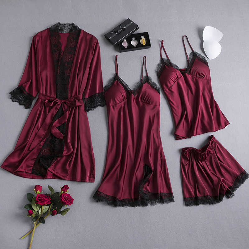 Women's 4-Piece Sexy Ice Silk Suspender Shorts Set Summer Lingerie Nightgown Pamas Home Clothes with Chest Pad
