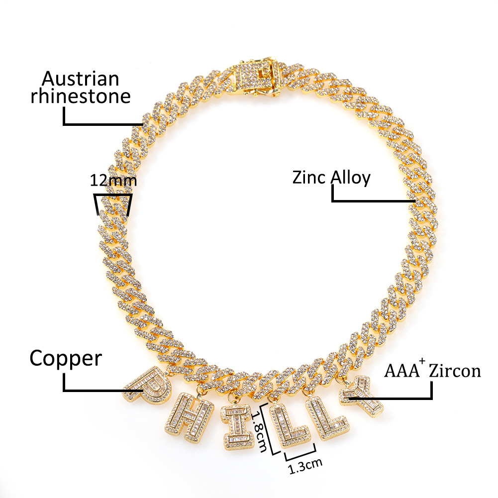 TopBling A-Z Custom Name Letters Pendant Necklaces Bracelets 12mm Cuban Link Chain Bracelet Real Gold Plated