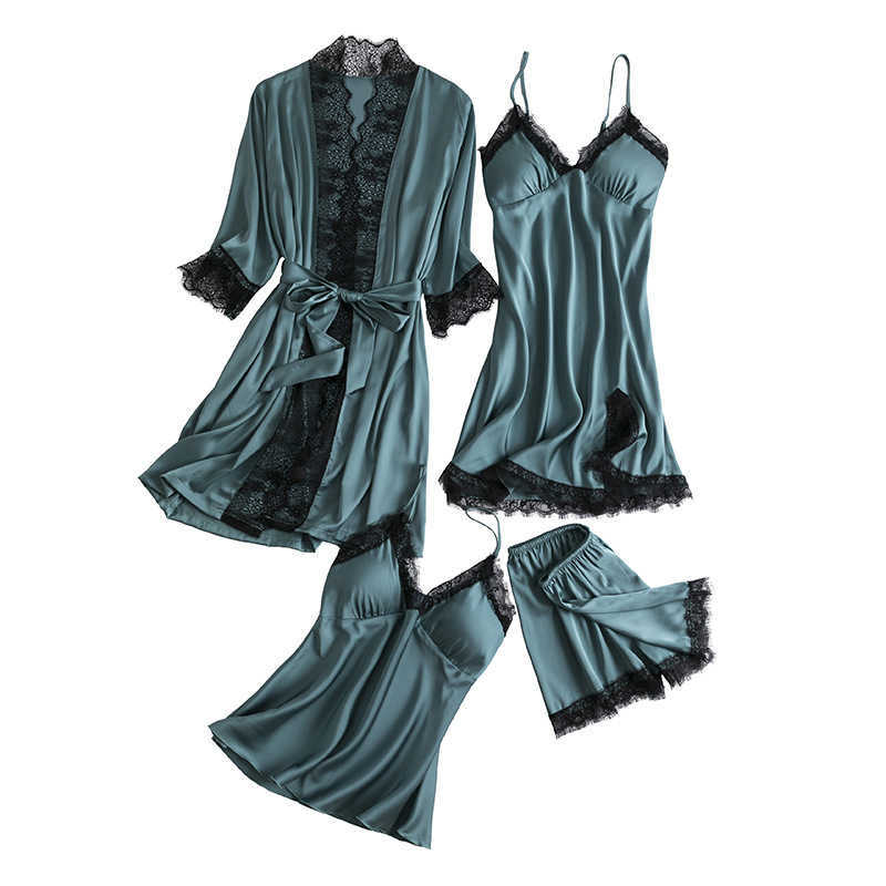 Women's 4-Piece Sexy Ice Silk Suspender Shorts Set Summer Lingerie Nightgown Pamas Home Clothes with Chest Pad