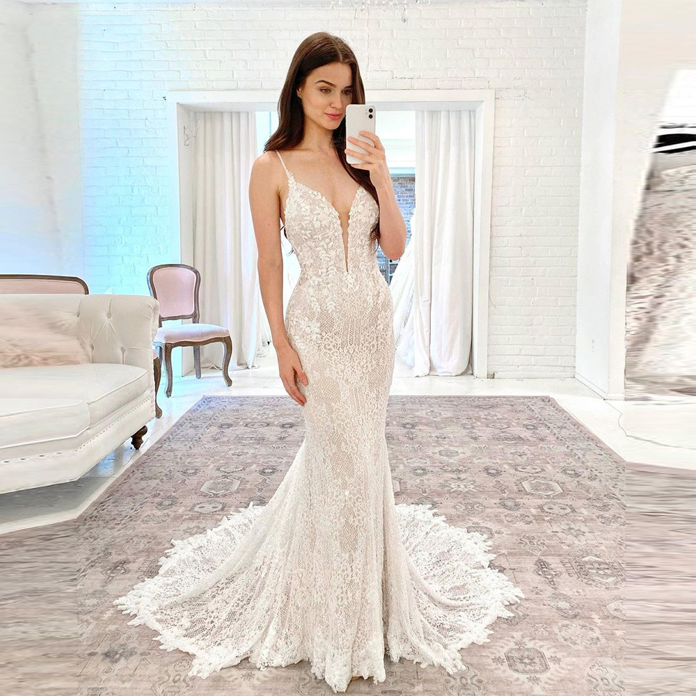 Elegant Mermaid Wedding Dress Spaghetti Straps Deep V Neck Sleeveless Appliques Sequins or Length Detachable Train Bridal Gowns Custom Made Vestido de