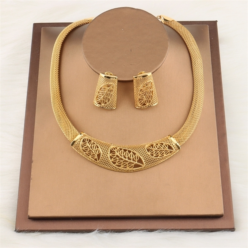 Other Jewelry Sets Dubai Leaf Gold Plated For Women African Bridal Wedding Gifts Party Necklace Earrings Ring Bracelet Set 220831