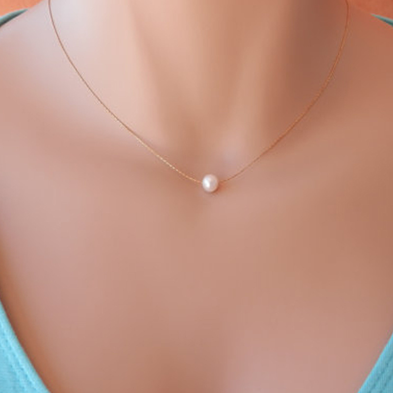 14K Gold Plated Single Pearl Floating Necklace for Women Elegant White Freshwater Pearl Chain Necklaces Wedding Jewelry Gift