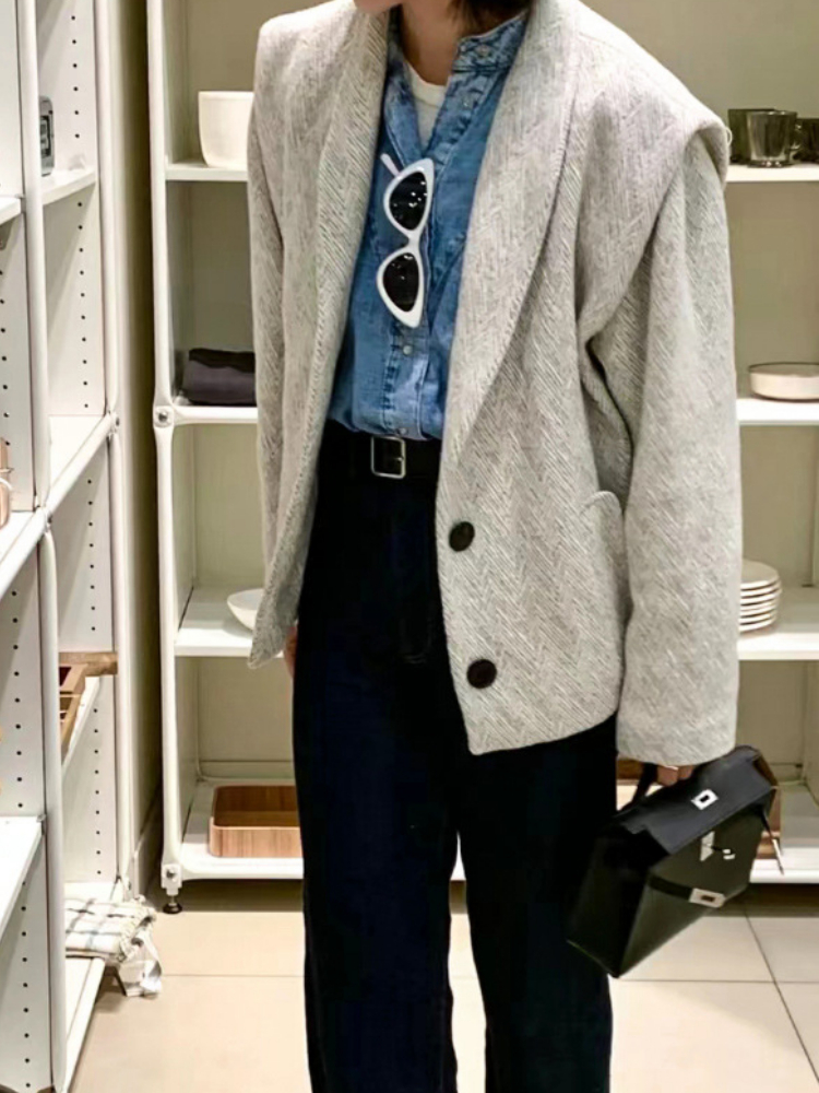 Womens Jackets Autumn Winter Lapel Double Button Pocket Herringbone Pattern Short Women Casual Longsleeved Jacket 220901