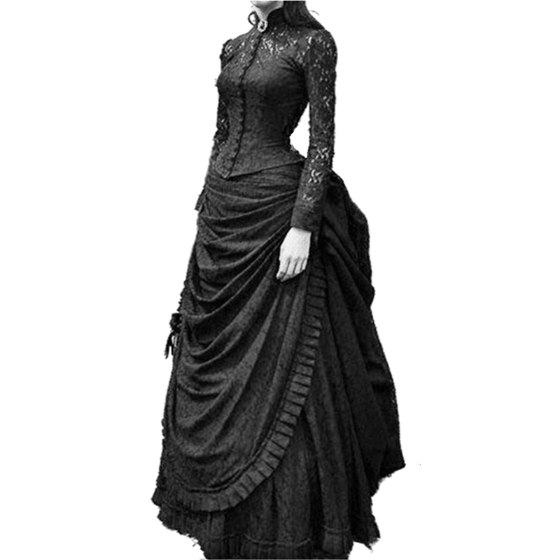Vintage Victorian Black Wedding Dress Historical Walking Gothic Bridal Gowns High Neck Long Sleeves Lace Jacket Women Bustle Cosplay Masquerade Dress 