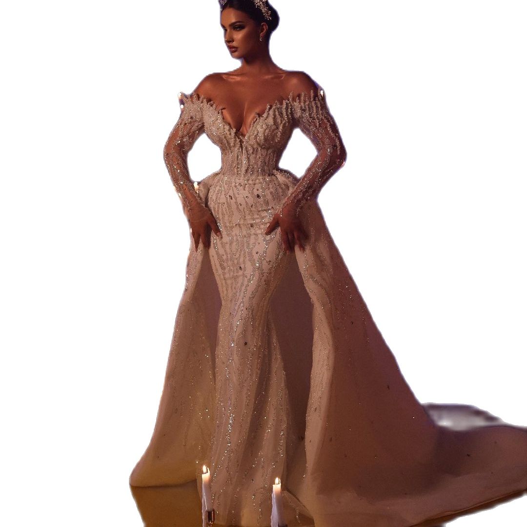 Saudi Arabia Sparkly Mermaid Wedding Dress Sequins Off Shoulder Long Sleeve Bride Dresses With Detachable Train Robe De Mariee