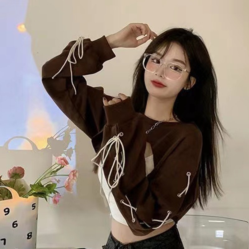 Women s T Shirt Tonngirls Y2k Vintage T shirt Sexy Crop Top Lace Up T Shirt Coffee Cape Patchwork Tank Two Piece Set Korean Style s 220901