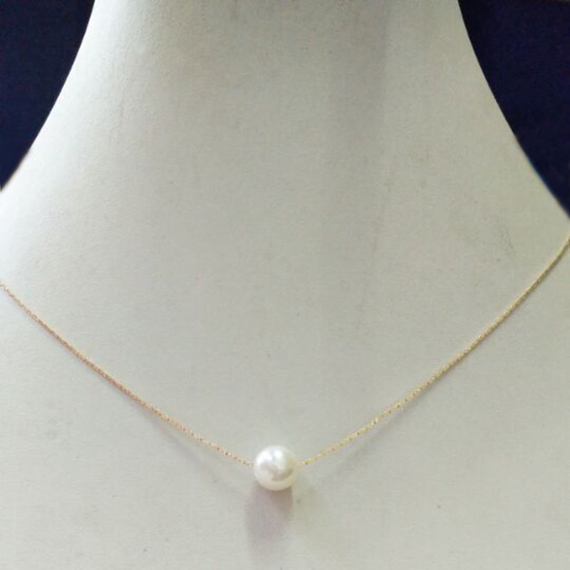 14K Gold Plated Single Pearl Floating Necklace for Women Elegant White Freshwater Pearl Chain Necklaces Wedding Jewelry Gift