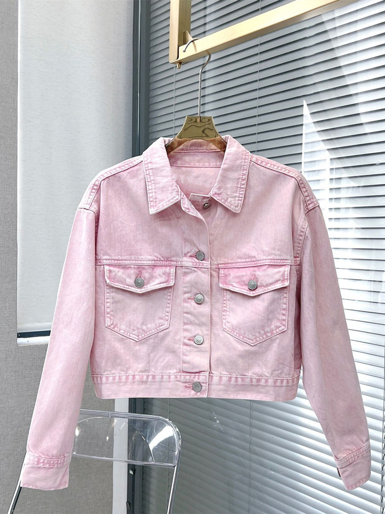Womens Jackets Womens Pink Short Denim Jacket Single Breasted Long Sleeve Autumn Female TurnDown Collar Coat with Pockets 220901
