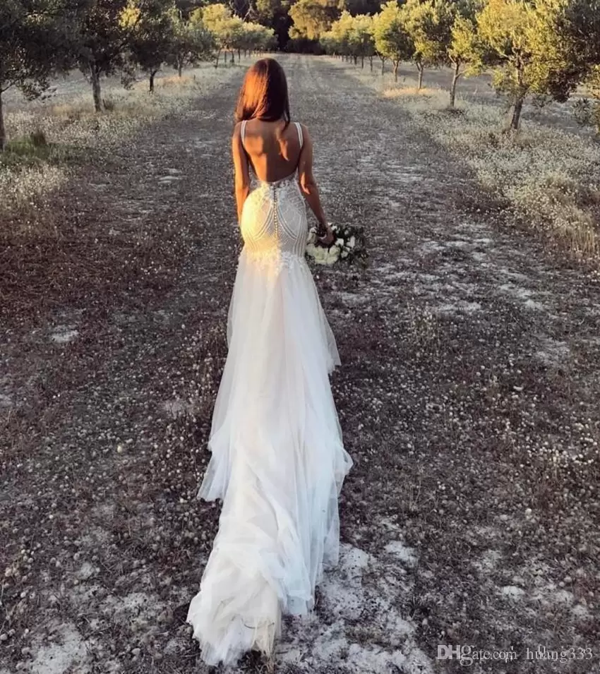 Gorgeous Mermaid Wedding Dresses Bridal Gown Lace Applique V Neck Sleeveless Sweep Train Backless Custom Made Country Vestidos De Novia Estidos