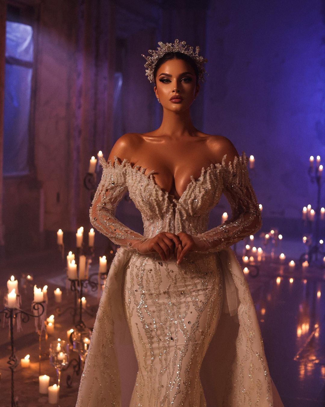 Saudi Arabia Sparkly Mermaid Wedding Dress Sequins Off Shoulder Long Sleeve Bride Dresses With Detachable Train Robe De Mariee