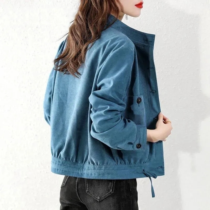 Womens Jackets StandUp Collar Corduroy Womens Jacket Spring Fashion Sashes Blue Veste Femme Office Lady SingleBreasted Cropped Coat 220901