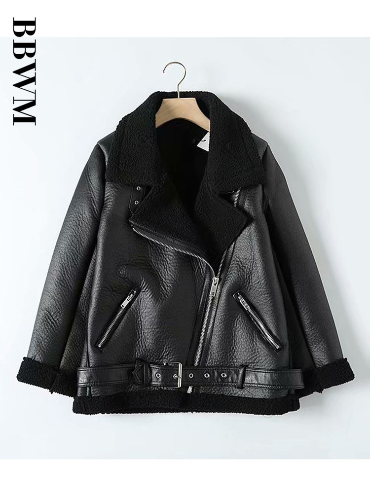 Womens Jackets Fur Locomotive Retro with Belt Riding Winter Womens Jacket Longsleeved Lapel Padded Warm Black Zip Chic Female Coat Tops 220901