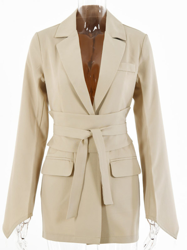 Womens Jackets LGRQ Slim Fit Khaki Elegant Belted Lace Blazer Notched Neck Long Sleeve Blue Coat Fashion Autumn 19D1909 220901